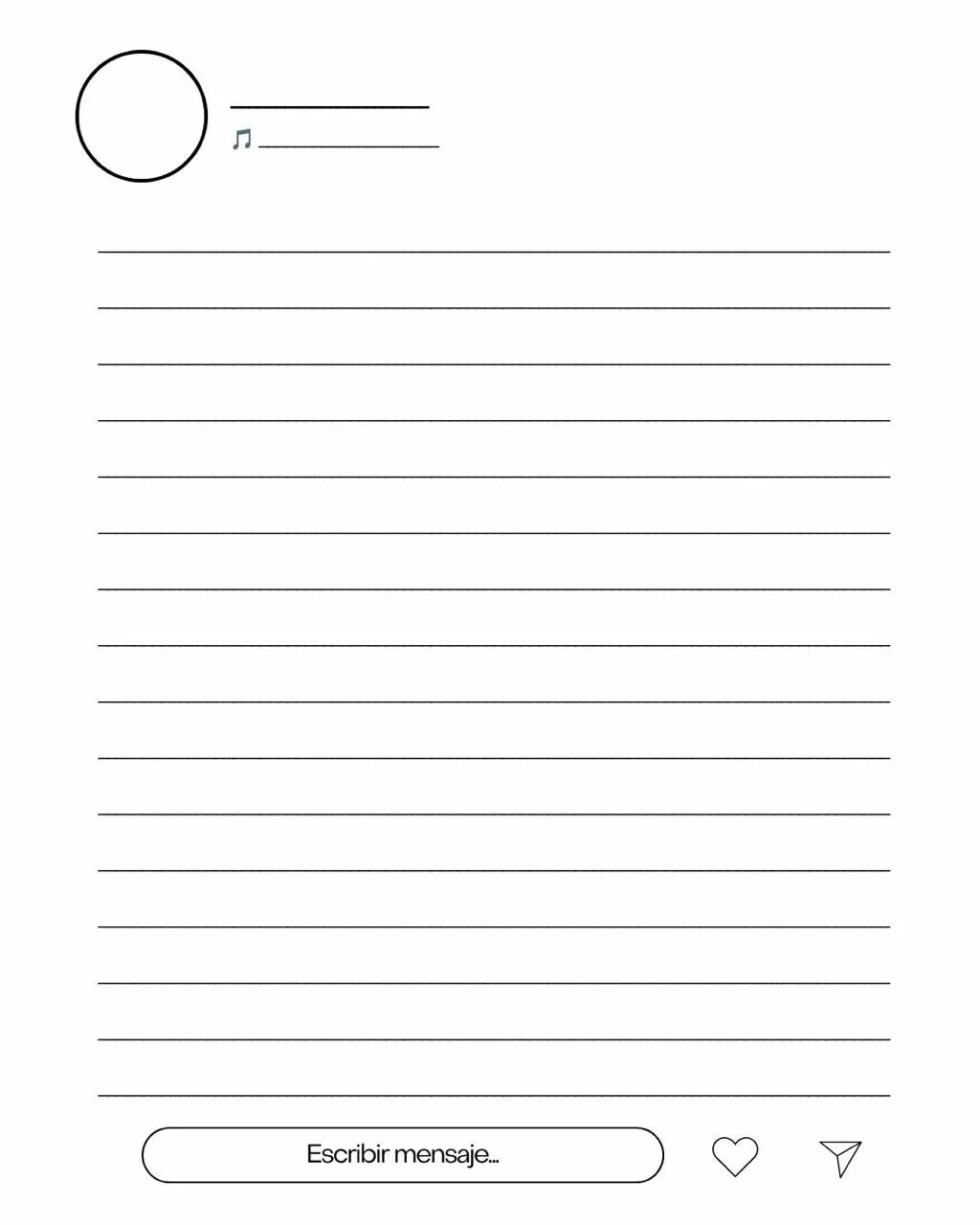 La scheda della storia da compilare: spazio per il nome, la canzone e le righe per scrivere il testo, con la barra 'Escribir mensaje' in fondo